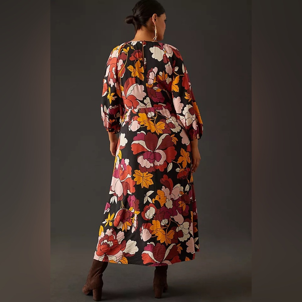 Maeve Floral Midi Dress with V-Neck & Long Sleeves – Size 0 - Picture 2 of 8